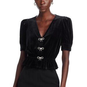 Aqua Black Velvet Crystal Bow Rhinestone Peplum Top XL